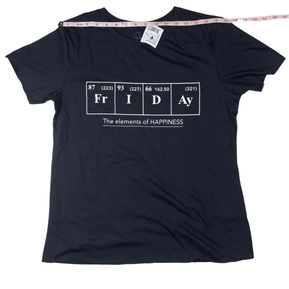 Black graphic t-shirt with “Friday the elements of happiness”